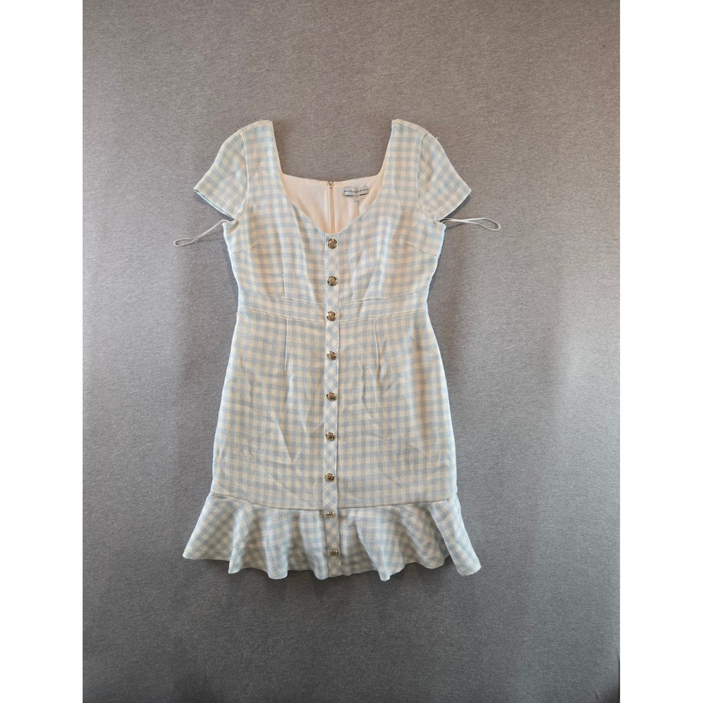 Guess Luca Dress Womens Large Blue White Gingham Tweed Ruffle Mini New NWT
